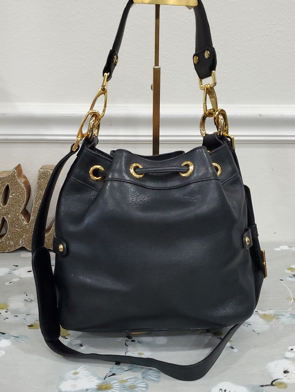 MCM Heritage Black Pebbled Leather Drawstring Bucket Bag - Picture 10 of 16